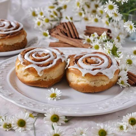 Cinnamon rolls topped with white icing are beautifully presented on a white plate, surrounded by daisies and cinnamon sticks. The setting is light and airy, creating a fresh, inviting atmosphere.