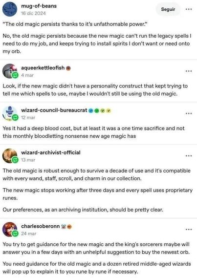 Screengrab of a social thread, so many words. They're talking about old magic versus new magic (runes, wizards, orbs) except actually it's a conversation about enshittification in tech.