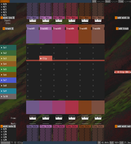 screen shot of text mode music making program (clip launcher view). 6 tracks and 10 scenes are open, as well as 5 midi ports each way