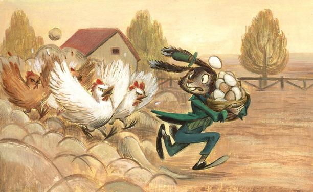 The easter hare holding a basket of eggs running away from a mob of angry chickens. Illustration painted in gouache by Victoria Maderna.
