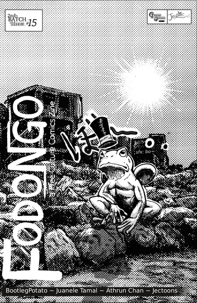 This is the cover for issue 15 of Fodongo. It has a seinen-style La Rana on a pile of rubble, with the SFX 'boooo' in japanese in the background.