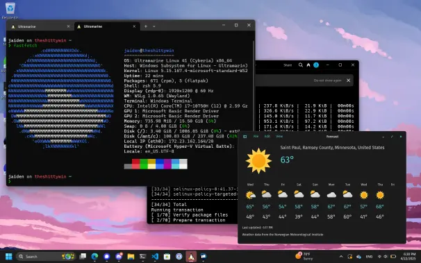a Windows 11 desktop displaying Ultramarine in a terminal window and a Linux weather app on top of it