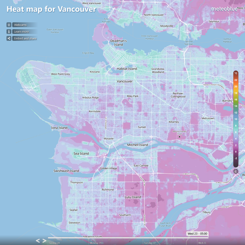 A map of Vancouver and Richmond showing temperatures near 6°C downtown, near 3°C in Stanley Park, and even a little cooler in undeveloped parts of Richmond.