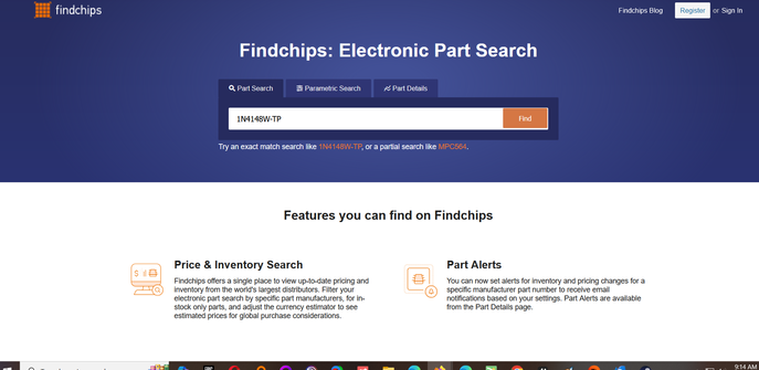 Screenshot of homepage for Findchips, an electronics part search engine.