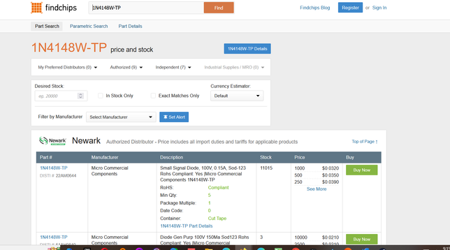 Screenshot showing the format of information returned in a search for the part IN4148W-TP.