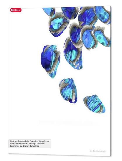 Blue painted daubs on crisp white painting by artist and poet Sharon Cummings.