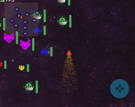 screenshot from a space shooter game made for the Flame Game Jam on itch.io. It shows a triangular spaceship and some enemy monsters, with a shader-rendered starfield background
