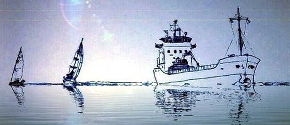 Inksketch on paper showing a freight ship and two sailboats. Water ripples and a ray of sunlight added with digital filter.