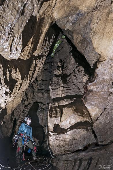 A vertical panoramic photograph where the rock walls are layered and raise up towards a slot of green in the upper distance - the trees above the pit. A rope hangs into the pit towards the back of the photo (in the middle) and a person in blue long sleeves and olive green pants wearing a seat harness with vertical gear attached to it stands looking upwards. The cave itself is lit with a flash giving a weird depth because shadows are from the flash not the surface sunlight.
