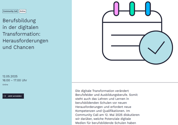 Ausschnitt der Seite bei Lernen:digital mit Titel und Abstract des Community Calls