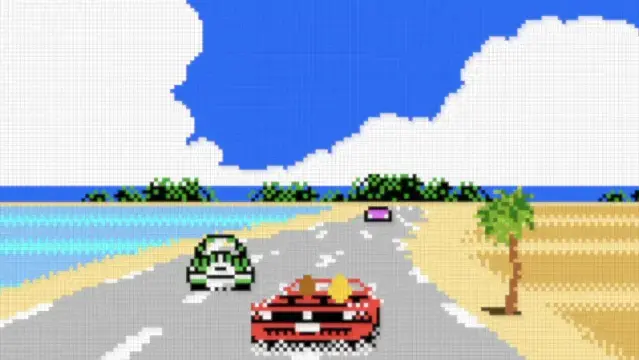 Screenshot of an OutRun-esque game being made for the Game Boy Color. Iconic red car, beach, blonde next to you, etc