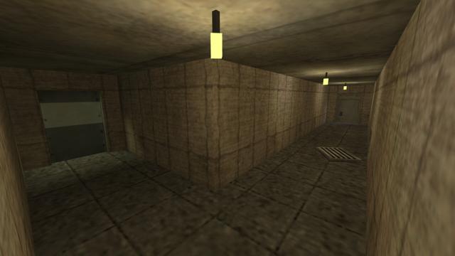 In this picture you can see a hallway that connects two rooms. The hallway makes a knee to the left (to the right from the perspective of the viewer). The left part of the corridor is shorter than the right. From left to right you can see a metal door, a yellow illuminated lamp hanging from the ceiling, a corner that leads to the right to the second metal door. Furthermore, two more yellow-lit lamps hang in front of the second metal door. In addition, a little further in front of the second metal door, there is a ventilation shaft cover on the floor. This is on the map cs_siege in the game Counter-Strike 1.6.