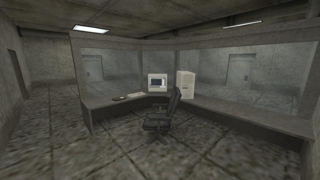 In this picture you see a room. This has three metal doors. Which are once on the left, in the middle and on the right. Furthermore, you can see a kind of surveillance room. Which, however, is not a real room, but resembles an open office. You have a wall on the left and right and a sloping wall in the middle that connects both walls. All walls have glass panes embedded in them. Furthermore, there is a corner desk in this surveillance room, which belongs to the wall with the glass panes. On it stands from left to right a black mouse pad with a white computer mouse on it, a white keyboard, a white monitor showing a coding window and a white computer. In front of the corner desk is a black office chair. Furthermore, you can see two white-lit lamps on the ceiling. This is on the map cs_siege in the game Counter-Strike 1.6.