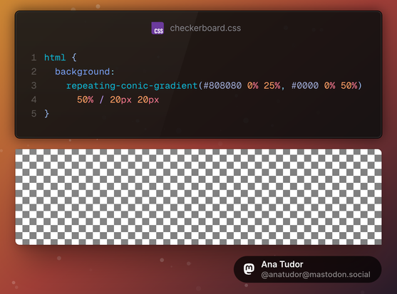 html {
  background: 
    repeating-conic-gradient(#808080 0% 25%, #0000 0% 50%) 
      50% / 20px 20px
}