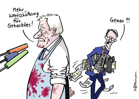 Der voraussichtlich neue Landwirtschaftsminister Rainer steht im Vordergrund des Bildes mit blutverschmierter Schürze vor Mikrofonen und fordert "Mehr Wertschätzung für Gehacktes!". Im Hintergrund geht Karl Lauterbach mit zwei löchrigen und notdürftig geklebten Aktenordnern, aus denen viele Zettel fallen und die die Aufschrift "ePA" tragen, genervt vorbei und bestätigt die Aussage Rainers mit "Genau!!!".