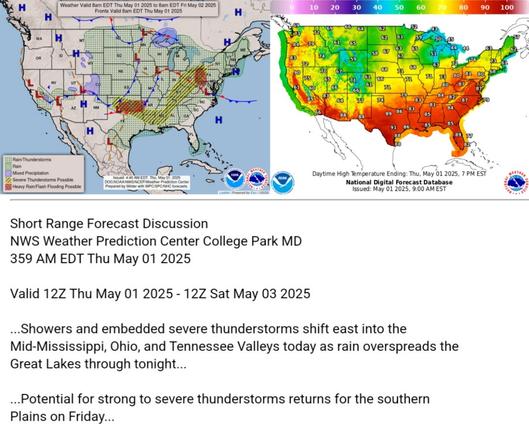 Valid 12Z Thu May 01 2025 - 12Z Sat May 03 2025

...Showers and embedded severe thunderstorms shift east into the
Mid-Mississippi, Ohio, and Tennessee Valleys today as rain overspreads the
Great Lakes through tonight...

...Potential for strong to severe thunderstorms returns for the southern
Plains on Friday...