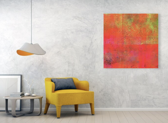 Square Apple is an acrylic painting in a modern square format painted by the artist Karen Kaspar. The warm colours and texture of the painting are reminiscent of a ripe apple with red cheeks.