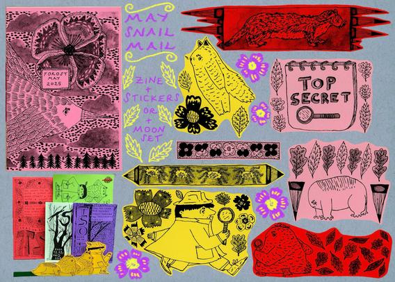 a set of illustrated stickers featuring detective Tso, owlet Oat, Fraser the cat, the toad, and the stoat, plus some flowers and spiders. And then there is a set of zines and also a bigger zine that has an illustration of a bird flying through cloudy skies, over a forest.