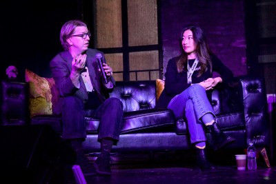 Andy Piper from Mastodon sitting on a couch alongside Rose Wang from Bluesky
