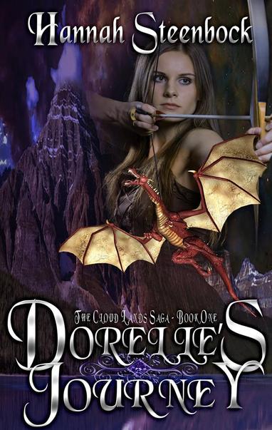 Rather terrible cover for Dorelle's Journey by Hannah Steenbock

The image shows a young woman drawing her bow, on a background with massive mountains, and an overlay of a red and tan dragon.

The text in swirly, silver font reads:

Hannah Steenbock
The Cloud Lands Sage Book One
Dorelle's Journey
