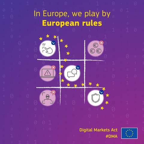 A graphic promoting the EU's Digital Markets Act (DMA), showing a tic-tac-toe board over a purple binary background with digital icons in each square. Three squares are marked with blue checkmarks (indicating compliance) showing icons of a hand selecting, a chat bubble, and a shield. The other squares show red X marks (indicating non-compliance) with icons of euro coins, a warning on a laptop, facial recognition, and more. The EU flag and text “In Europe, we play by European rules” and “Digital Markets Act #DMA” are included.