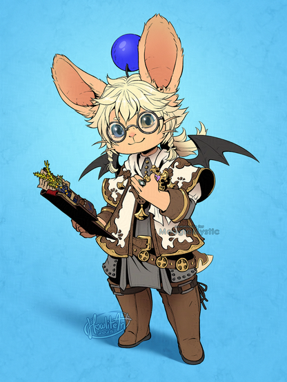 Digital art of a rabbit-eared moogle in loose white clothes trimmed with gold and brown leather. He has light blonde hair and a dark blue head-ball. He is smiling gently at the viewer, with an open journal held in one hand, notes and plant clippings visible within it.
