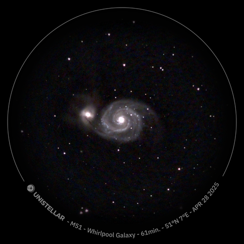 Image of the Whirlpool Galaxy, a spiral galaxy in the center of the image, with another smaller galaxy to its left. The background is dark with scattered individual stars.