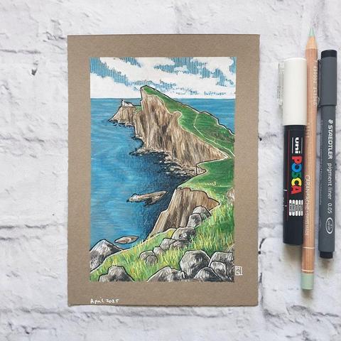 A small drawing of Neist Point on the Isle of Skye, Scotland. The drawing shows the craggy cliffs and the sea and a hint of the lighthouse at the end of the peninsula.
Neist Point is a small peninsula on the Scottish island of Skye and marks the westernmost point of the island with its lighthouse. It is regarded as the best place on Skye to see whales, dolphins, porpoises and basking shark.
An original art work
Colour pencil and mixed media on acid free toned artist paper
5 by 7 inches (12.7 by 17.8 cm).
Sold unframed