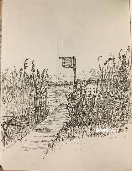 Black fineliner on Paper

A footbridge with reeds and grass growing in front of it. the footbridge leads into the water, a sign rises up on the right-hand side. at the end of the water, a strip of trees, clouds above.
