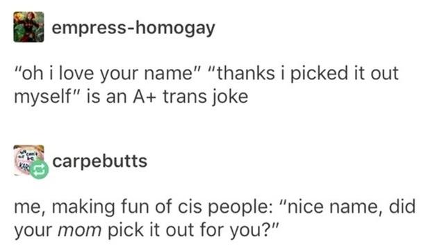 empress-homogay 
"oh i love your name" "thanks i picked it out myself" is an A+ trans joke 
carpebutts 
me, making fun of cis people: "nice name, did your mom pick it out for you?"