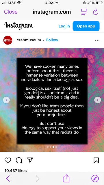 text block:  We have spoken many times before about this - there is immense variation between individuals within a biological sex.
Biological sex itself (not just gender) is a spectrum - and it really shouldn't be a big deal.
If you don't like trans people then just be honest about your prejudices.
But don't use biology to support your views in the same way that racists do.