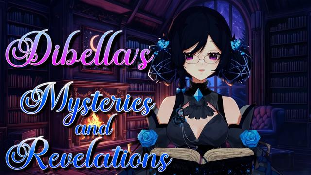 A vtuber with glasses, black hair tied in two two low buns, and a dark grey and black outfit with blue accents, including blue roses on her upper arms and a blue cravat. She stands within a cozy library lit by a fire in the fireplace, bookshelves crammed with books and a large window spanning from the floor to nearly the ceiling. She looks down at a book floating in front of her, whisps of magic supporting it.

Text in the left half of frame reads "Dibella's Mysteries and Revelations"