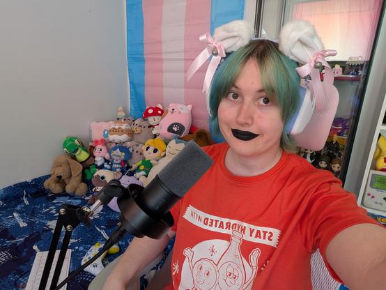 Selfie of Revy wearing black lipstick and a red Nuka Cola shirt 
Many plushies are in the background 
She has a microphone near her too
