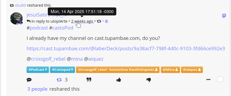 Screen of the first toot by me like three weeks before this one. It contains the same text and mentions mina, crossgolf_rebel and aiquez. A reorganization of utopiartes initial comments created the need to republish this toot. Looks like the text original "we have a castopod server" is lost. No proper screen of it either. It is the post from the 14th of march that now contains the rockyRescueGoals mindmap.