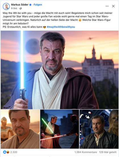 Post von Söder, der sich selbst mit KI als Held ins Star Wars Universum "gephotoshopped" hat.