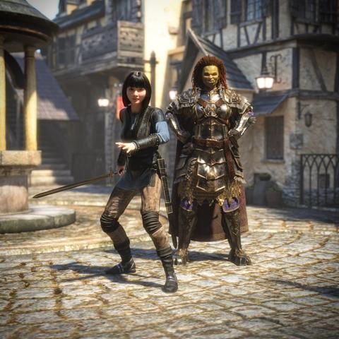 descxription by ChatGPT: In a sunlit medieval village square paved with cobblestones, two female warriors stand ready. The foreground character is a young human woman with fair skin, black hair cut in a straight fringe, and a focused expression. She wears practical adventurer's gear—leather pants, a dark blue tunic, a belt with a sheath, and black boots. She’s crouched slightly, holding a sword in one hand and gesturing forward with the other, as if warning or shielding someone.

Behind her stands a tall, powerful orc woman clad in gleaming, heavy bronze armor with elaborate detailing. Her skin is green, and her red-brown dreadlocks frame a face of calm confidence. Her hands rest on her hips, posture proud and unwavering. The orc’s armor is intricately crafted, layered with scale-like plates and a long leather skirt beneath. The sunlight highlights both figures, casting soft shadows on the ground.

Surrounding them are half-timbered buildings with shuttered windows and lanterns, creating a lively, rustic village ambiance. A stone well sits nearby, adding to the town square’s charm. The scene radiates camaraderie and readiness, as if the duo is about to face a threat together.