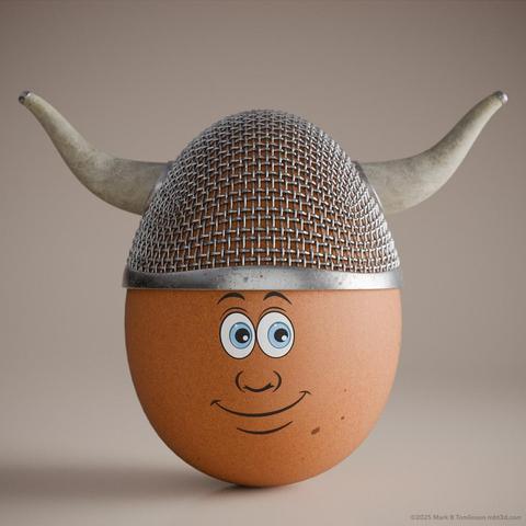 Small brown egg in a metal helmet with tiny horns. Grinning as he just relocated.