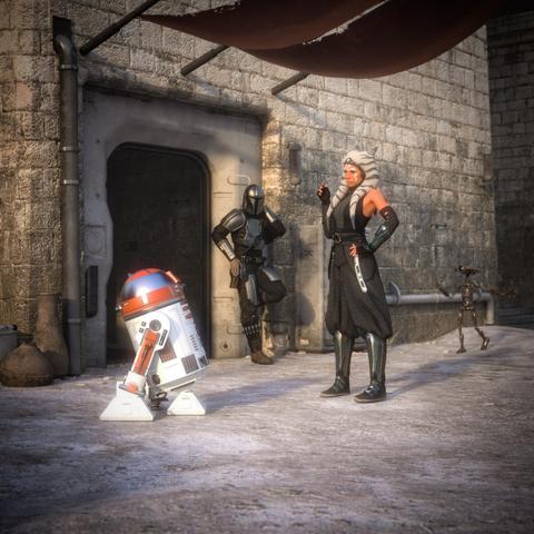 description by ChatGPT: In a dusty, sunlit alley of a stone-built spaceport, several characters from the Star Wars universe are gathered near an arched metal doorway set into a stone wall. A female Togruta—Ahsoka Tano—stands at the center of the scene with one hand on her hip and the other gesturing mid-conversation. She wears her signature dark grey and black robes, high boots, and her white-and-blue striped montrals and lekku drape over her shoulders.

To her left, a droid resembling R5-D4 tilts slightly forward as if listening or responding. The droid has a red, white, and blue cylindrical body and a domed head, with grime and scuffs indicating years of use.

Leaning casually in the doorway behind Ahsoka is the Mandalorian Din Djarin clad in full beskar armor, arms crossed and helmeted face angled toward the scene. He appears relaxed, observing the exchange. In the background to the right, a tall, spindly pit droid, walks across the sunlit ground.

Above the group, a fabric awning stretches out, casting a shaded area on the cracked, pale surface below. The setting evokes a remote outpost or desert settlement, peaceful yet brimming with story and silent anticipation.