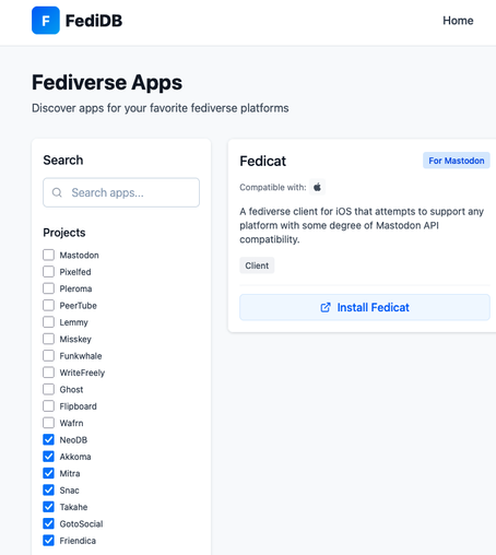 screenshot of the new.fedidb.org with several platforms selected (neodb, takahe, mitra, snac...) and a description of the fedicat app showing in results
