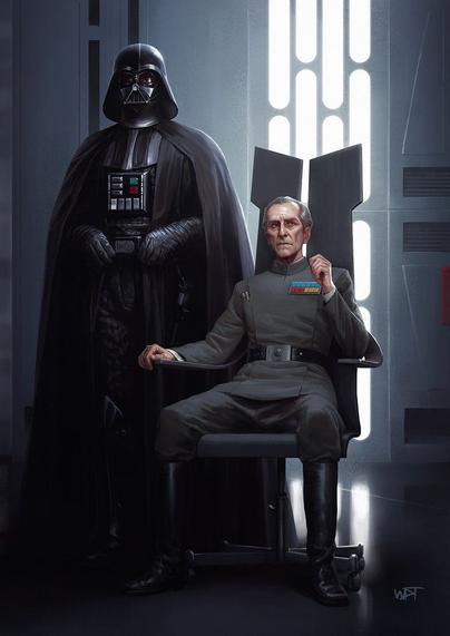 This is an art piece. Darth Vader is standing beside a sitting Wilhuff Tarkin. The latter is a gray suit, tall boots, and is sitting in a straight chair.