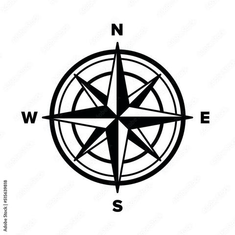 A black and white compass design with directional indicators for north (N), south (S), east (E), and west (W).