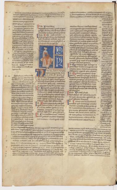 f.16v Vat.lat.11153. A page of gothic text in two columns.  Each column has an inner column towards the center gutter, with the main text, and an outer frame with commentary.  In the left inner column there is a small miniature of a Roman emperor