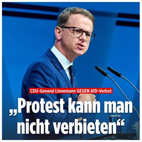 HaltdiefresseBILD:
CDU-General Linnemann GEGEN AfD-Verbot
"Protest kann man nicht verbieten"