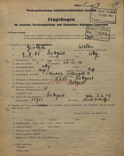 Einzelfallakte des Landesamtes für die Wiedergutmachung Baden-Württemberg. Signatur: LABW, Staatsarchiv Ludwigsburg EL 350 I Bü 60793.