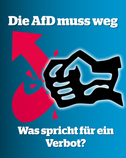Eine Faust zerschlägt den AfD-Pfeil. Darüber steht: "Die AfD muss weg", darunter steht "Was spricht für ein Verbot?"