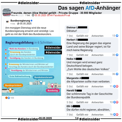 In der 30.900 Mitglieder großen privaten Gruppe "Freunde, denen Alice Weidel gefällt" wird der Post der Bundesregierung vom 05.05.2025 geteilt, bei dem die Regierungsbildung in 6 Schritten für morgen erklärt wird.

Wir zeigen auf Slide 1 u.a. die Kommentare 
"Diktatur!", "Eine Regierung die gegen das eigene Land und seine Bürger regiert, ist für mich keine Regierung.", "Und morgen wird erneut ganz Deutschland belogen. Zum Wohle des deutschen Volkes.", "die Altparteien sollte man verbieten.", "Der schlimmste Tag in der Geschichte der Bundesrepublik." und "Die dürfen nicht regieren, abwählen."