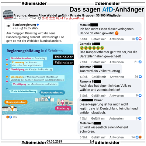 In der 30.900 Mitglieder großen privaten Gruppe "Freunde, denen Alice Weidel gefällt" wird der Post der Bundesregierung vom 05.05.2025 geteilt, bei dem die Regierungsbildung in 6 Schritten für morgen erklärt wird.

Wir zeigen auf Slide 2 u.a. die Kommentare 
"Ich hab nicht Einen dieser verlogenen Bande da oben gewählt.", "Das Kasperletheater geht weiter, nur die Darsteller haben gewechselt!", "Das wird ein Volkstrauertag.", "uch das hat eigentlich das Volk zu wählen und zu entscheiden!", "Diese Regierung ist für mich nicht legitim, sie ist Deutschland feindlich und antidemokratisch." und "Er wird wissentlich einen Meineid schwören."