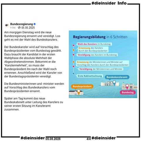 Hier zeigen wir als Info den Post der Bundesregierung, bei dem es heißt 

"Am morgigen Dienstag wird die neue Bundesregierung ernannt und vereidigt. Los geht es mit der Wahl des Bundeskanzlers. 
Der Bundeskanzler wird auf Vorschlag des Bundespräsidenten vom Bundestag gewählt. Dazu braucht der Kandidat in der ersten Wahlphase die absolute Mehrheit der Abgeordnetenstimmen. Bekommt er die "Kanzlermehrheit", so muss der Bundespräsident ihn nach der Wahl noch ernennen. Anschließend wird der Kanzler von der Bundestagspräsidentin vereidigt. 
Die Bundesministerinnen und -minister werden auf Vorschlag des Bundeskanzlers vom Bundespräsidenten ernannt.
Später am Tag kommt das neue Bundeskabinett unter Leitung des Kanzlers zu seiner ersten Sitzung im Kanzleramt zusammen."