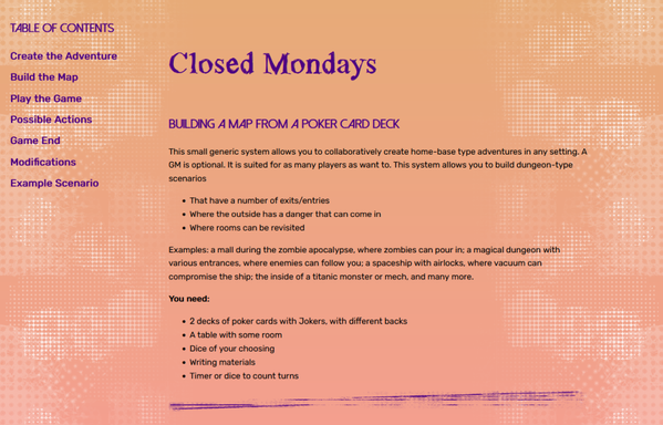 A screenshot of the preliminary HTMl version of the card dungeon game system. It shows the headline "Closed mondays" and the first bits of the game description on softly coloured background. The sidebar shows the games' chapters: Create the adventure, build the map, play the game, possible actions, game end, modifications, and example scenario.