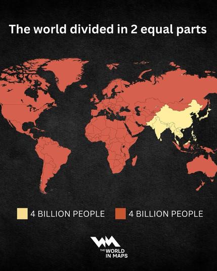 A map of the world which shows in colors where 4 billion people live. The smallest part is yellow and is a "small" part of Asia, the biggest part (rest of the world) is colored red.